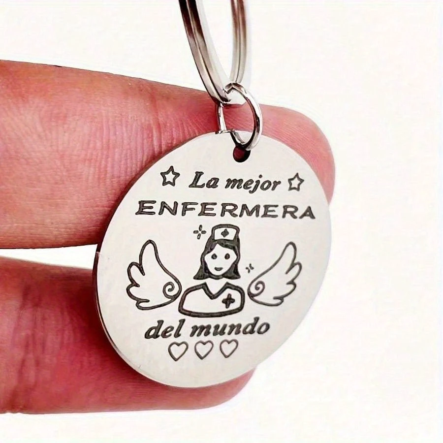 Stainless Steel Nurse Keychain, Angel Design with Spanish "The Best NURSE in The World" Engraving, Ideal Gift for Nurses view 5