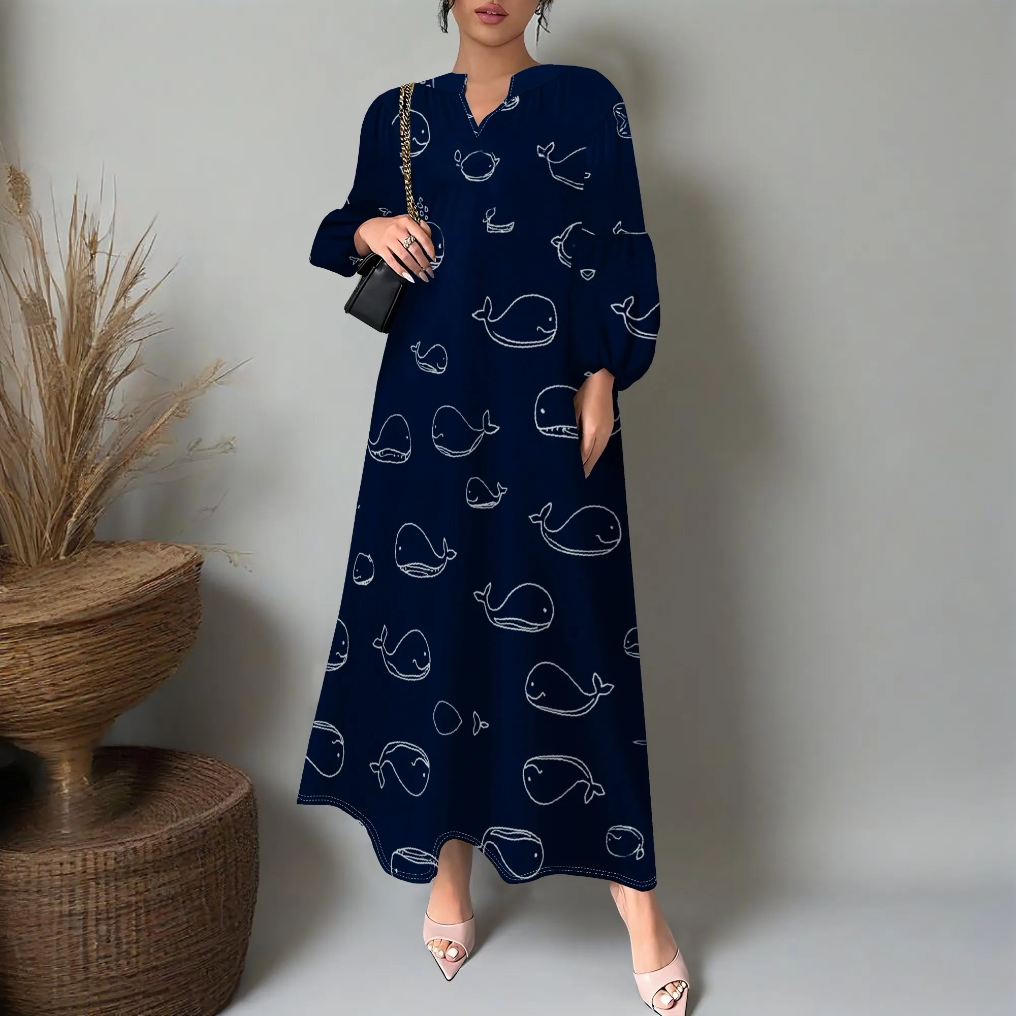 

Women's Whale Print Maxi Dress 2025 New Loose Fit Long Sleeve Casual Family Picnic Dress S-3XL