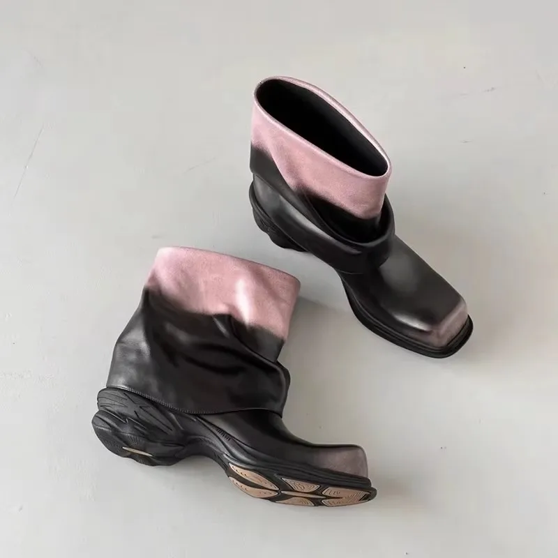 

Black And Pink patchwork leather Short Boots Women's 2024 Autumn Square Toe Thick Bottom Boots Pants Sleeve Retro Chelsea Boots