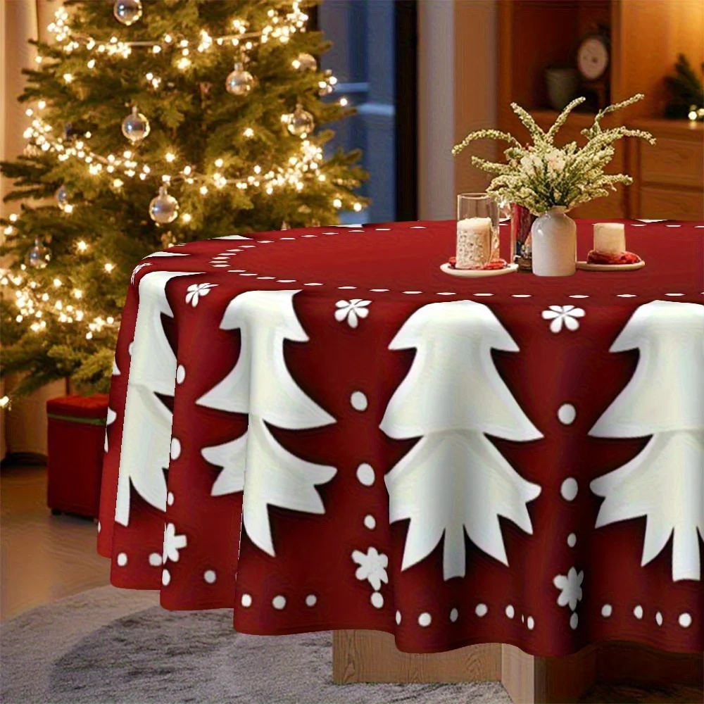1 tablecloth, Christmas theme, festive red round tablecloth, decorated with white Christmas tree and snowflake pattern