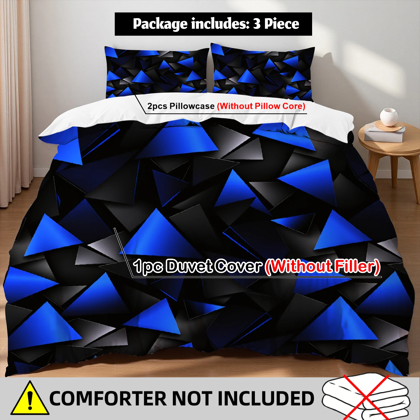 Geometric 3D Triangle Bedding Set Blue Black Cyber Edgy Duvet Cover Set With Pillowcases For Teens Bedroom Twin Queen King Sizes