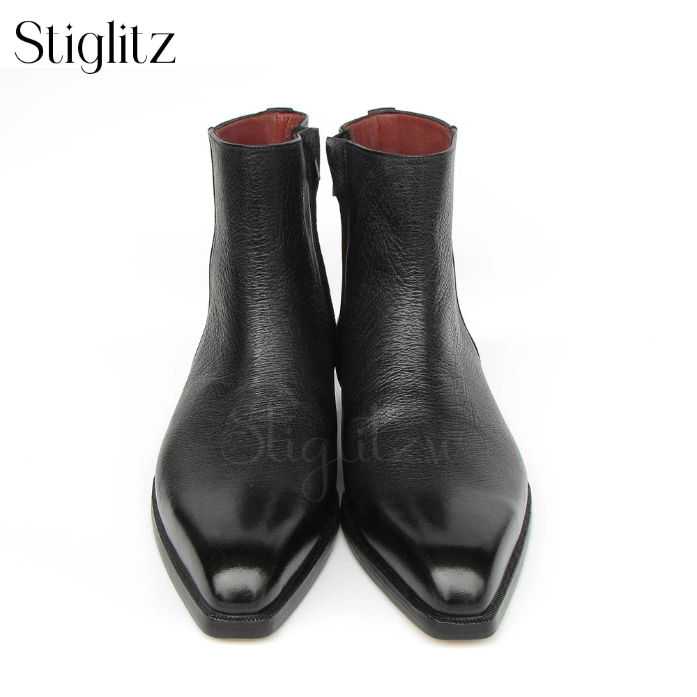 Black Leather Side Zipper Boots Classic Concise Style Ankle Boots for Men Genuine Leather Handmade Shoes for Wedding and Parties