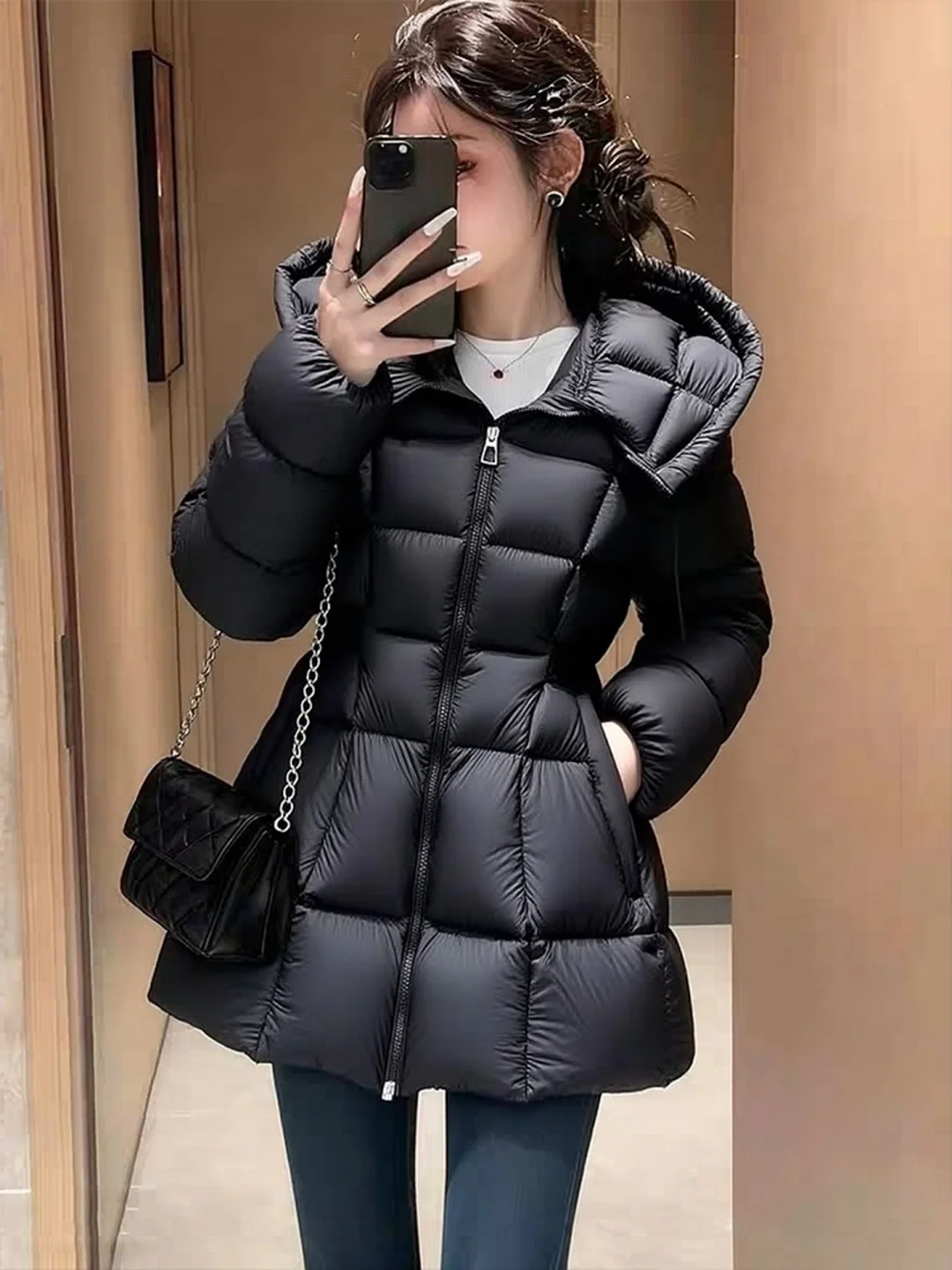 중간 길이 벨트가 있는 여성용 면 재킷 스퀘어 디자인 패셔너블 다용도 겨울 외투