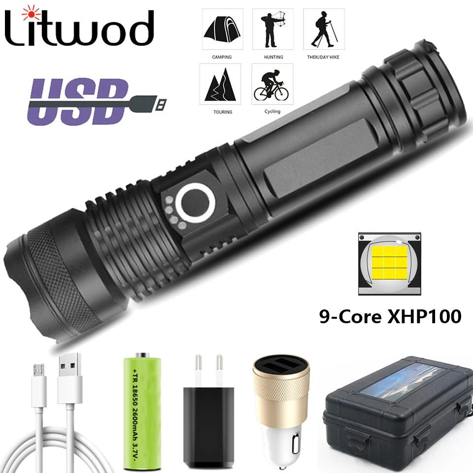 

Светодиодный фонарик Litwod XHP100, мощный масштабируемый фонарь, алюминиевый светильник онарь для рыбалки, перезаряжаемый аккумулятор 18650