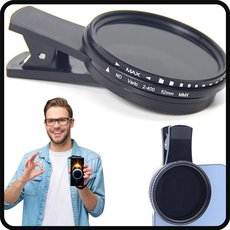 1 Set Solar Eclipse Phone Filter 52Mm Camera Lens Filter ND 2-400 Smartphone Lens Filter With Clip Lens Cap Durable Easy Install