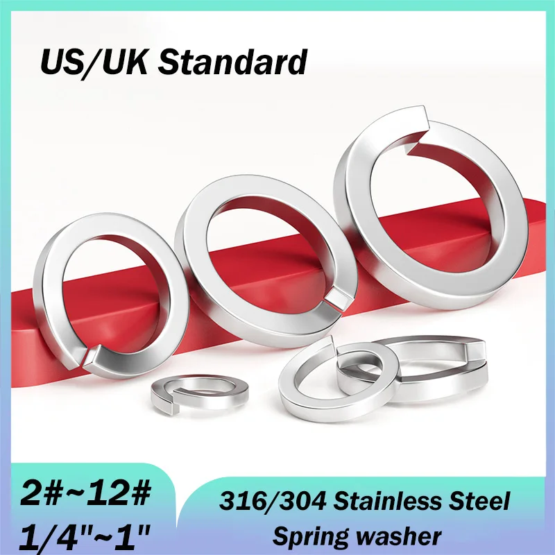 US UK Standard 316/304 Stainless Steel Spring Split Lock Washer Elastic Gasket 2#~12# 1/4 5/16 3/8 7/16 1/2 9/16 5/8 3/4 7/8 1“