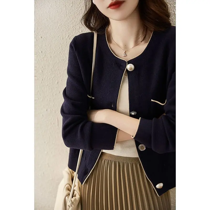 Spring Autumn Elegant Chic Buttons Pockets Knitted Cardigan Women Korean Simple Casual Long Sleeve Sweater Coat Jumper Clothing