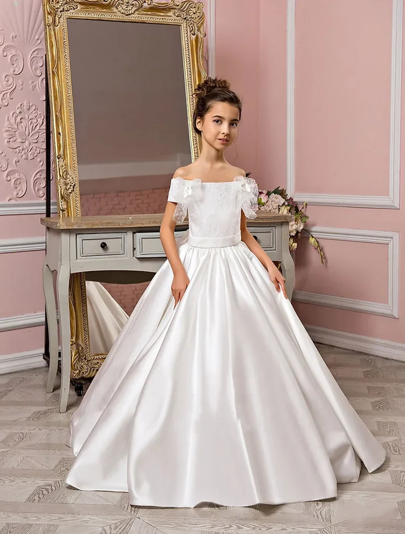 

Custom Made Flower Girl Dress Wedding Elegant Off The Shoulder White Satin Baby Birthday Party Puffy Princess First Ball Gown