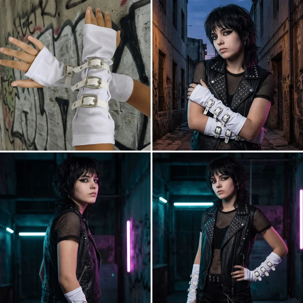Polyester Punk Arm Sleeves White Metal Buckles Dark Gothic Arm Covers Nonstretch Fabric Lightweight Half-arm Sleeve Gloves Dance