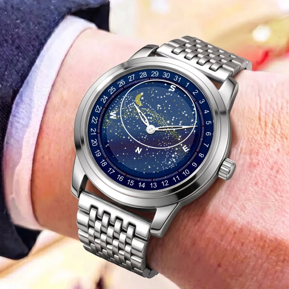 Personalized and Creative Men's Quartz Watch with Starry Sky and Moon Dial, Steel Band, Waterproof, Light Luxury Men's Watch, Popular in Europe and America, Business Casual, Trendy, Stylish Men's Watch, Gift Idea