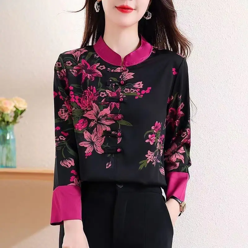 Clothes for Women Chinese Style Vintage Floral Print Shirt Stand Collar Elegant Temperament Blouses Female Chic Long Sleeve Tops