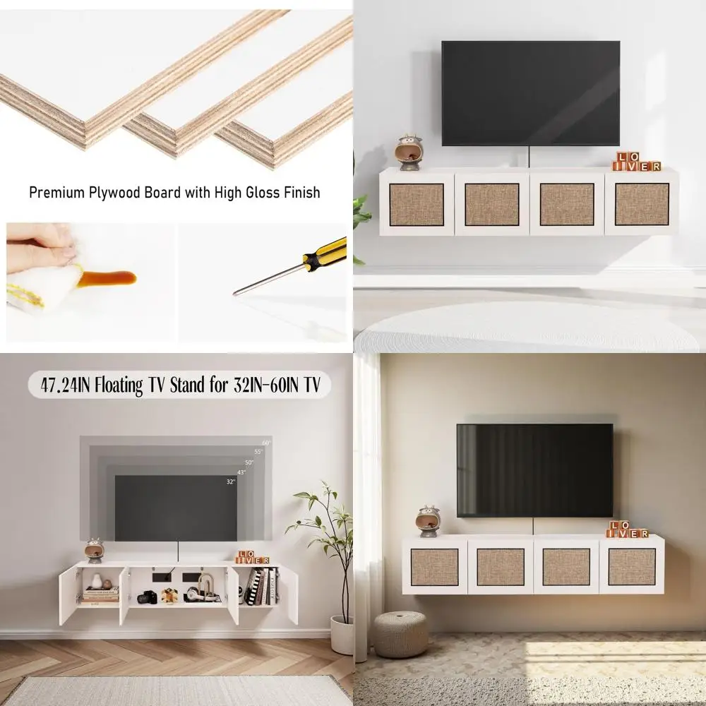 

White Mid-Century 47 Wall-Mounted TV Shelf with Rattan Doors and Large Storage Console