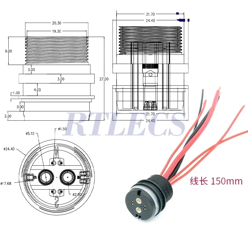 Magnetischer runder Pogo-Pin-Stecker, 10 A, männlich, weiblich, Metall, federbelastet, 1-poliges DC-Ladegerät, 16 AWG-Draht, M12-Gewinde, Gold – Detail 16