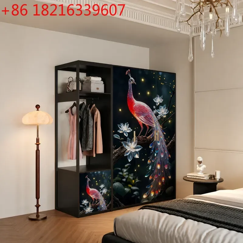 YAORich Pink Peacock Flower Solid Wood Wardrobe Antique Multi Layer Storage Cabinet Cloakroom Three Door Wardrobe