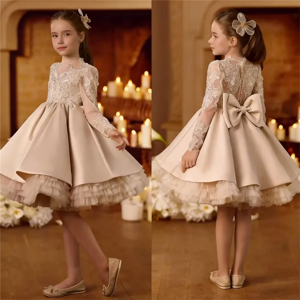 

Customized Flower Girl Dress For Wedding Satin Champagne Knee Length Full Sleeves Kids Birthday Party First Communion Ball Gown