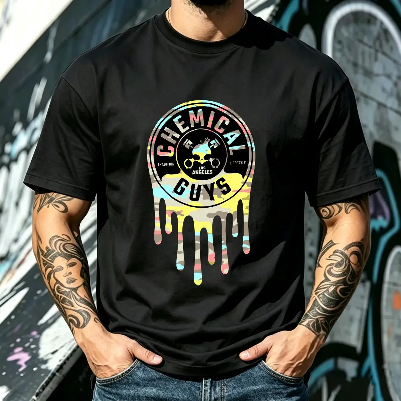 washed T Shirt Chemical Guys Multicolor Logo Black Both Sides Size M long or short sleeves vintage Washed designer clothes