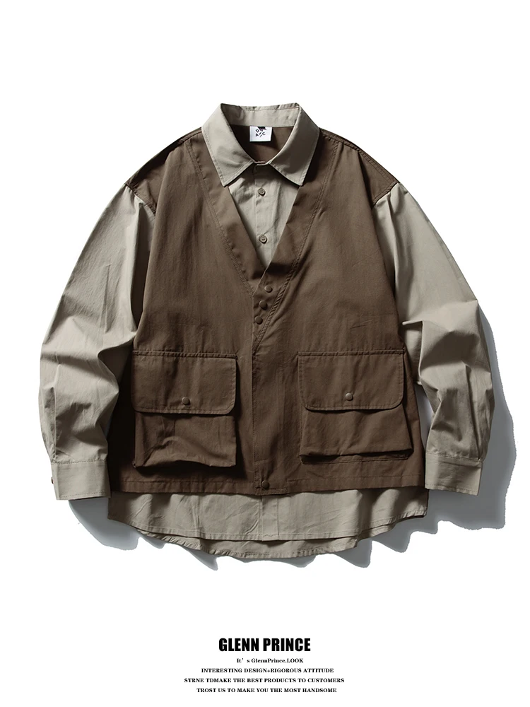 

Retro Japanese Style Long Sleeve Cotton Workwear Shirt Men's Autumn GPstudio Fake Two-Piece Vest Pure Cotton New 2025