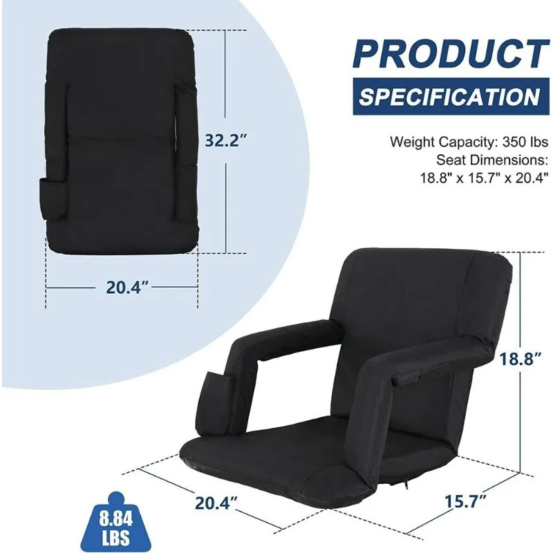 2 Pack Wide Stadium Seat for Bleachers w/Back Support Extra Thick Cushion Black