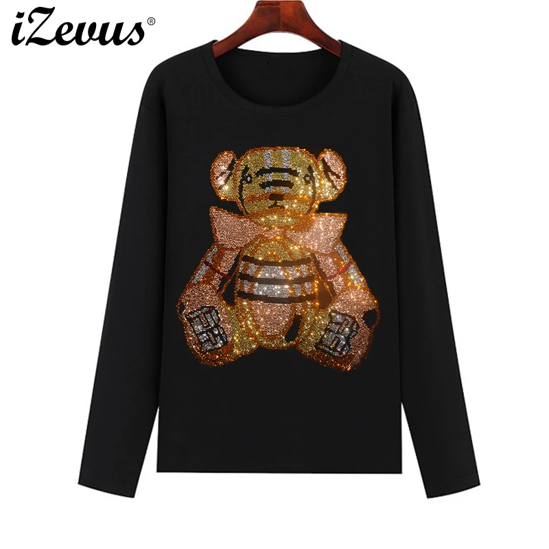 Hot sale in Europe and the United States high-quality women's fall long-sleeved casual T-shirt Senior Olympic diamond bear