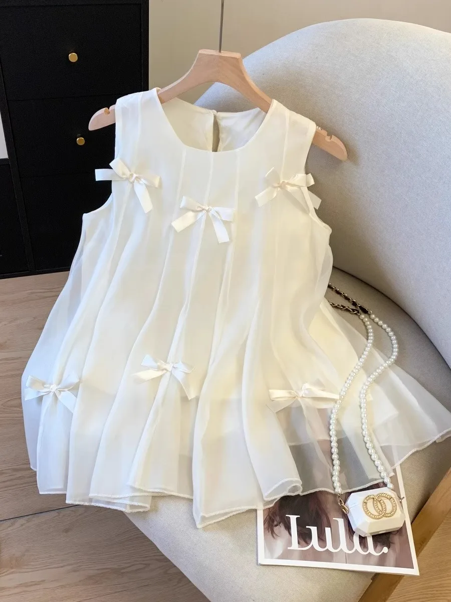 

White Knot Chiffon Svel Top Women Summer Loose Doll irt Beautiful Fluffy Lace Vest irt Sweet Sle round ...