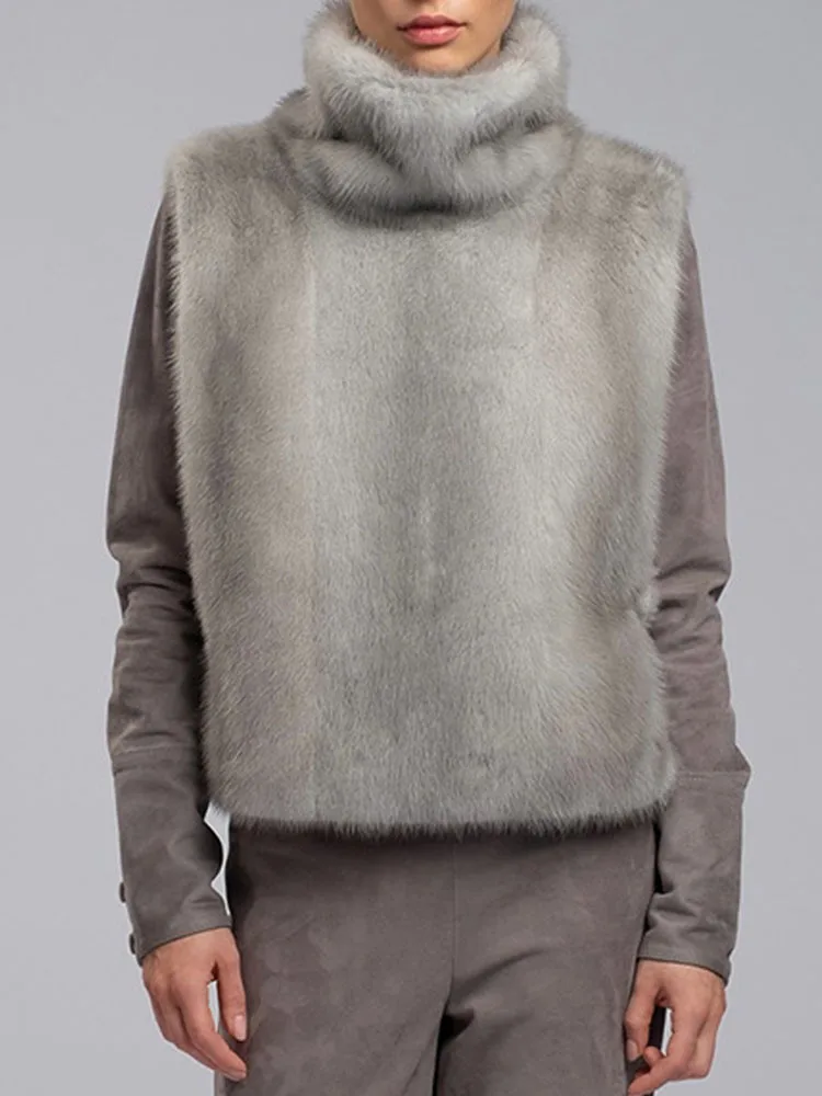 

2025 Fashion Slim Sleeveless Casual Furry Jackets Female Outerwears Grey Sexy Turtleneck Faux Fur Vests Womens Winter Coats