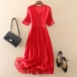 100% Real Silk Summer Dress Women Elegant Red Dresses For Women Clothing Office Lady Holiday Beach Dress Vestido De Mujer Zm274