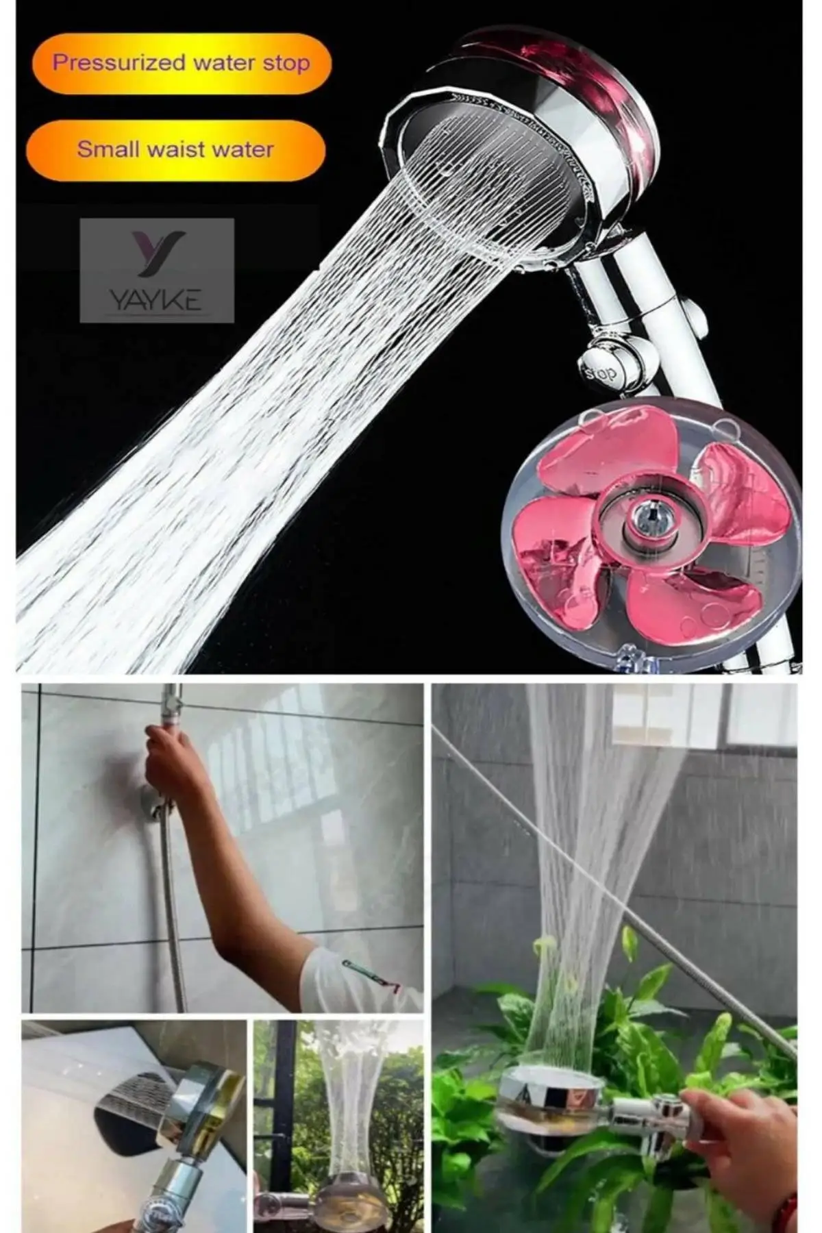 360 Degree Rotating Turbo Propeller Forced Shower Head Star Stop with On/Off Button