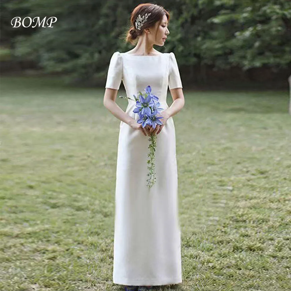 

BOMP Elegant Ivory Wedding Party Dress O-Neck Short Sleeves Taffeta Korea Photo Shoot Formal Evening Gown Custom 웨딩드레스