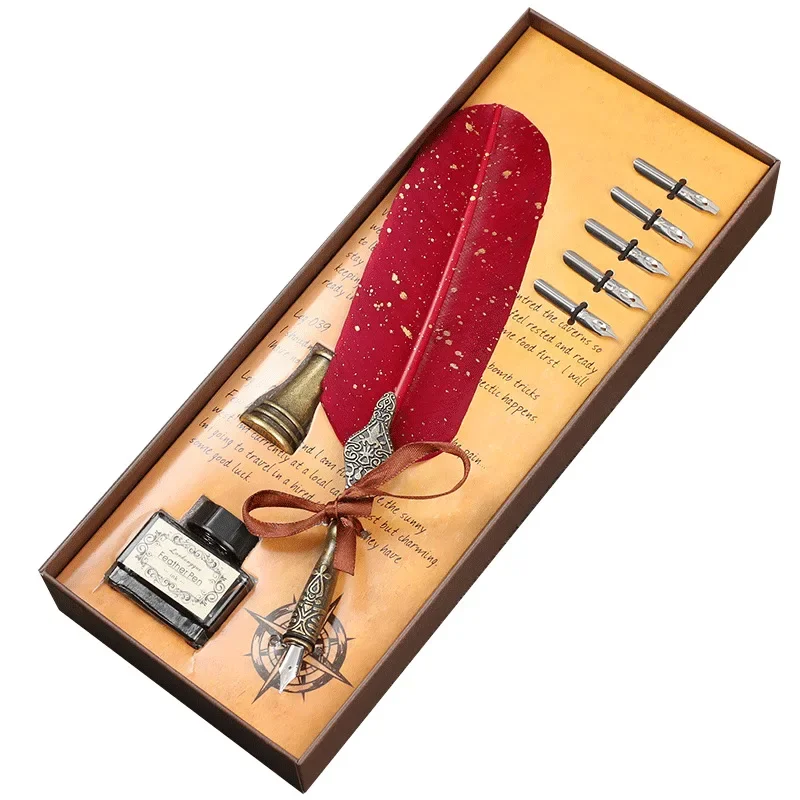 

Retro Feather Pen Set Ink Carving Set Foutain Pen European Style Retro Calligraphy Gold Dip Pen Gift Box