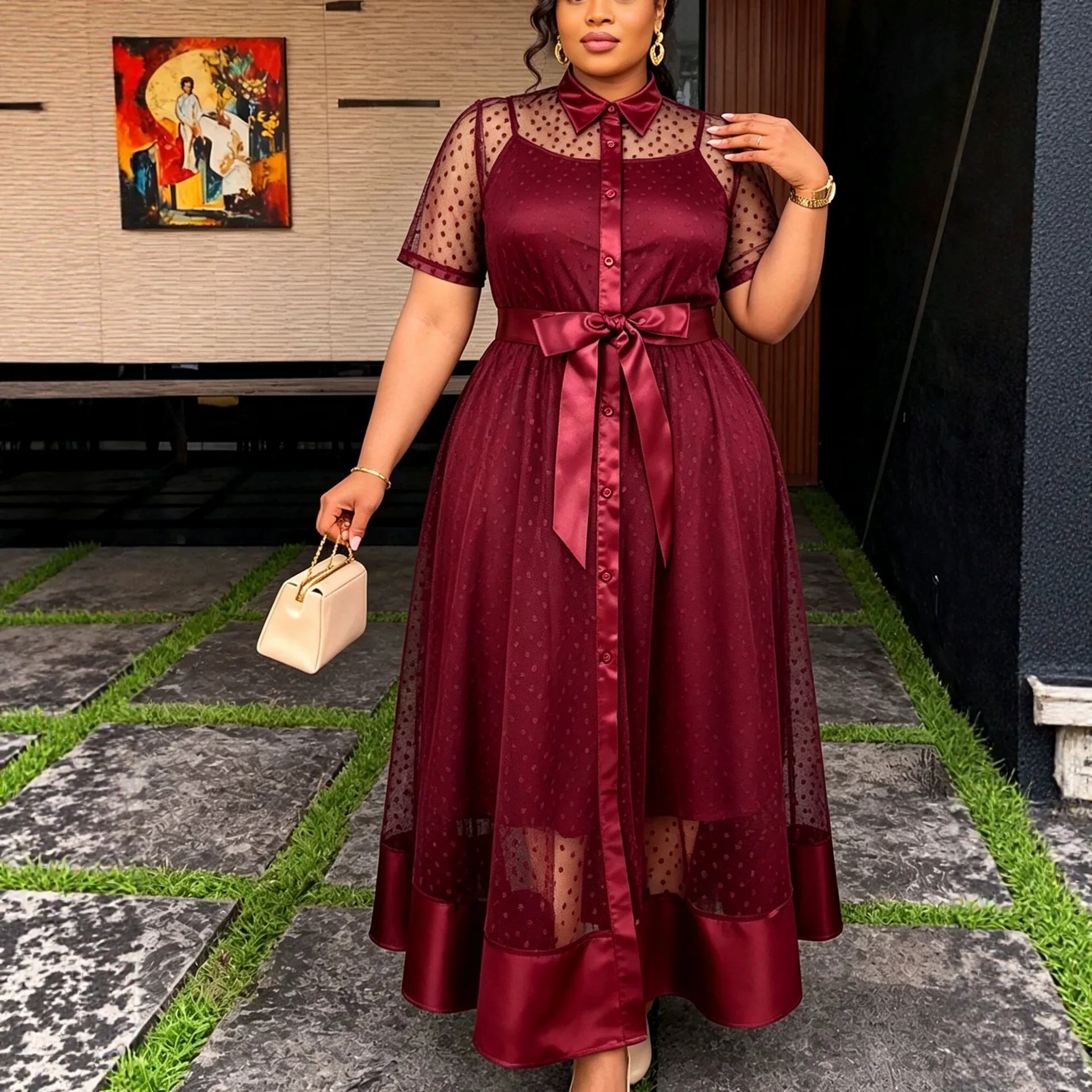African Women Dresses Two Piece Set Lapel Collar Loose Lace Up Sheer Dots Suit Inner Tank Dress Wedding Guest Formal Occasions