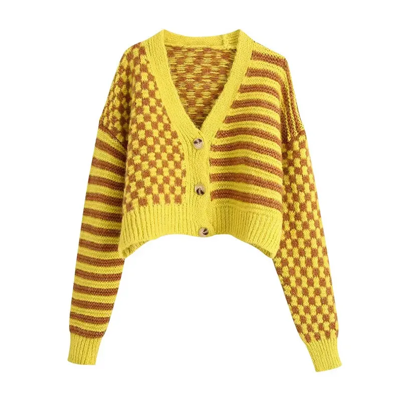 

Casual Knitted Patchwork Floral Open Cardigan Coat for Women Versatile Long Sve V-ne Button Closure Regular Fit Striped ...