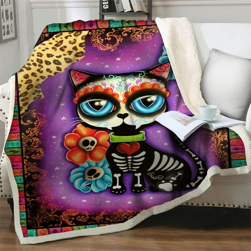 

Artistic Skull Cat Print Plush Throw Soft Warm Flannel Blankets for Beds Couch Chair Sofa Office Sleep Nap Cover Home Bedspreads