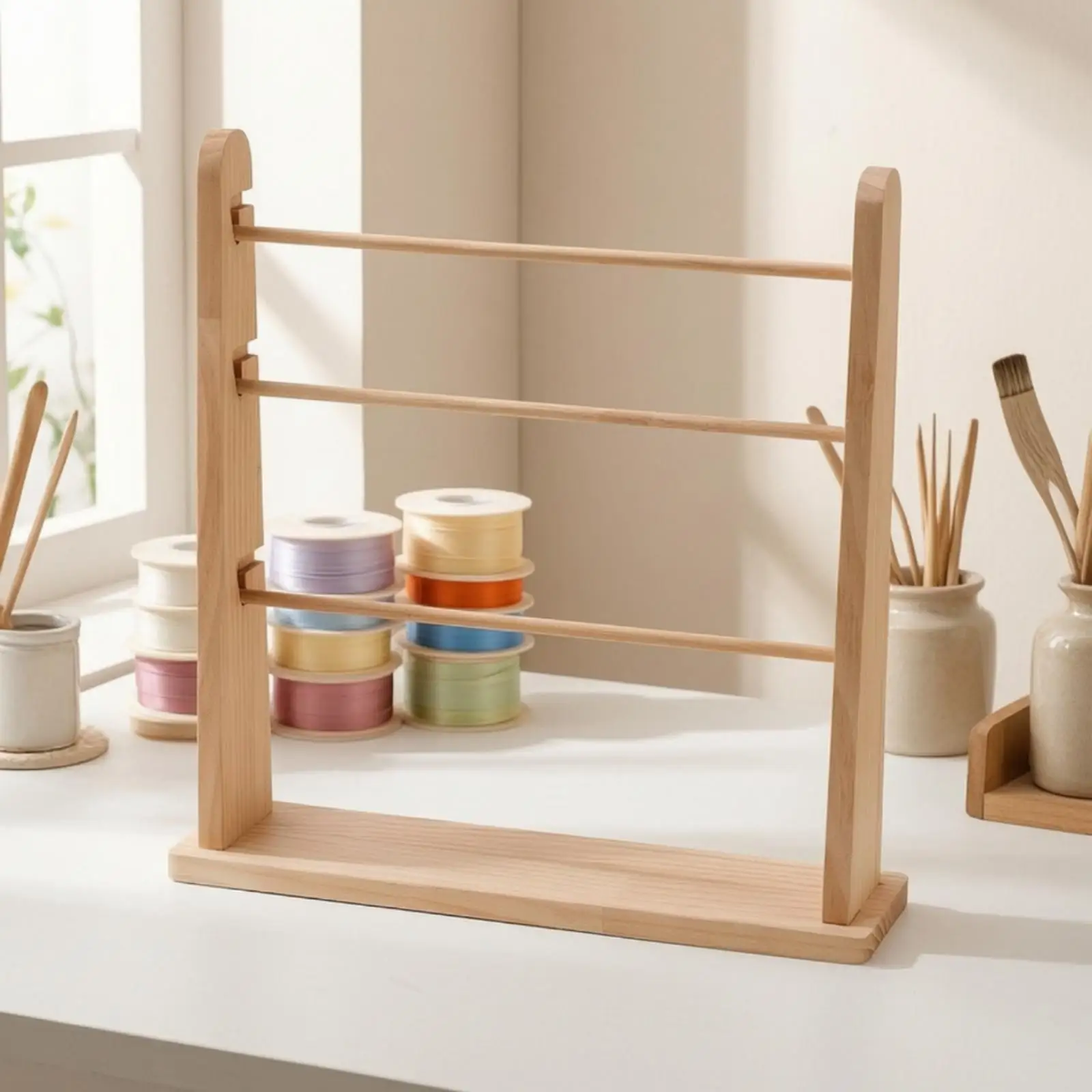 Wooden Ribbon Organizer Rack Freestanding Ribbon Storage Rack for Crafters, Craft Room, Countertop