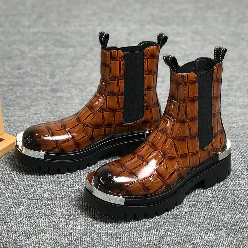 High Quality Mens Derby Boots High Top Metal Toe Cap Slip on Work Ankle Boots Chunky Sole Business Casual Shoes Fashion Footwear view 2