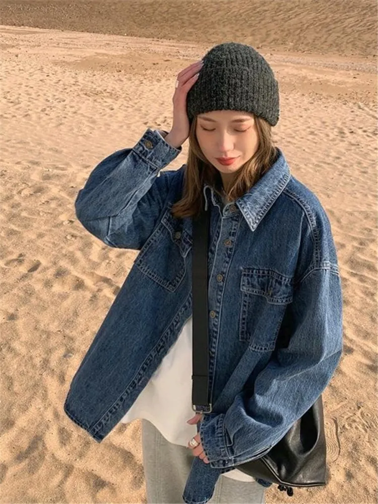 Retro Hong Kong Style Women's Denim Shirt Jacket Loose Long Sleeve Mid-Length Spring Autumn New Korean Version Versatile Laye...