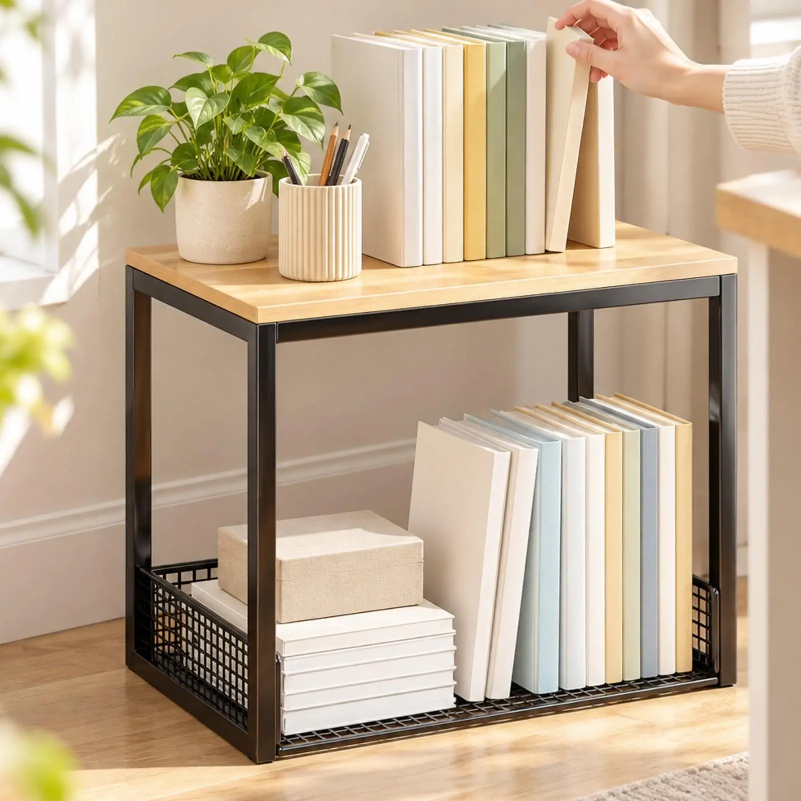 Space Efficient Under Desk Shelf Rack with Metal Frame and Wood Finish for Study Room Storage