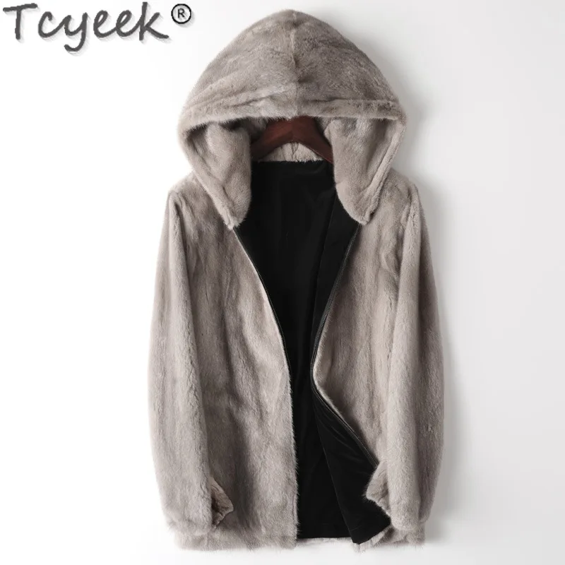 

Tcyeek Natural Mink Fur Parka Winter Warm Real Fur Jackets Man Silver Blue Ferret Coats for Men Clothes Hooded Two Sided Wearing