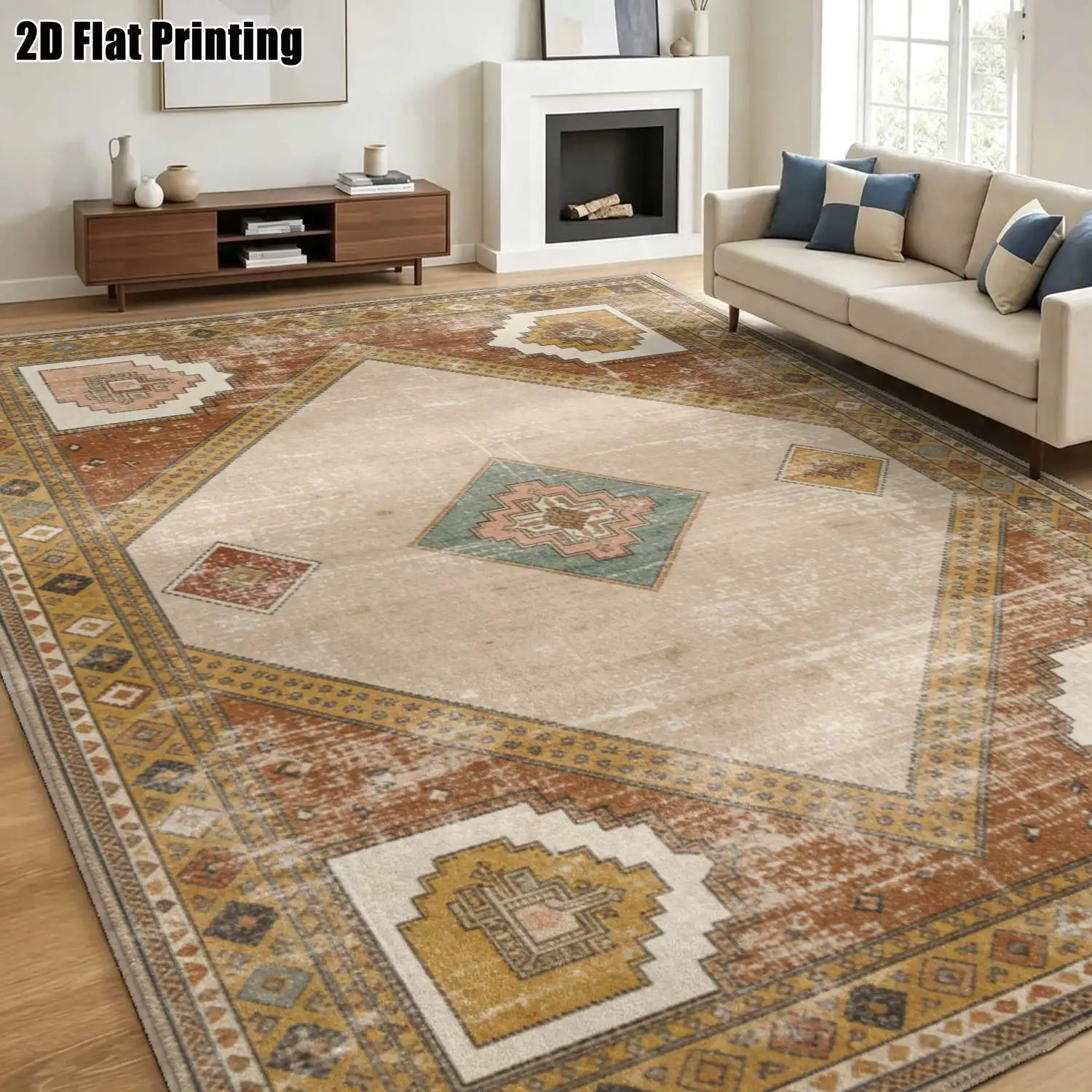 1Pc 2D Printed Retro Color-Blocked Geometric Carpet, Multi-Size Machine Washable, for Home Decor & Multi-Scene Use