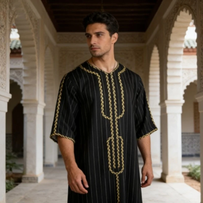 

Men's Summer Islamic Thobe Muslim Robe Loose Moroccan Digital Printed Middle East Jubba Dishdasha