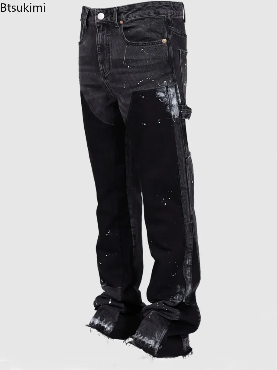 2025 Men's Fashion Jeans Patchwork Loose Casual Trousers Men Vintage Cargo Pants Workwear Elastic Denim Layered Flare Pants Male