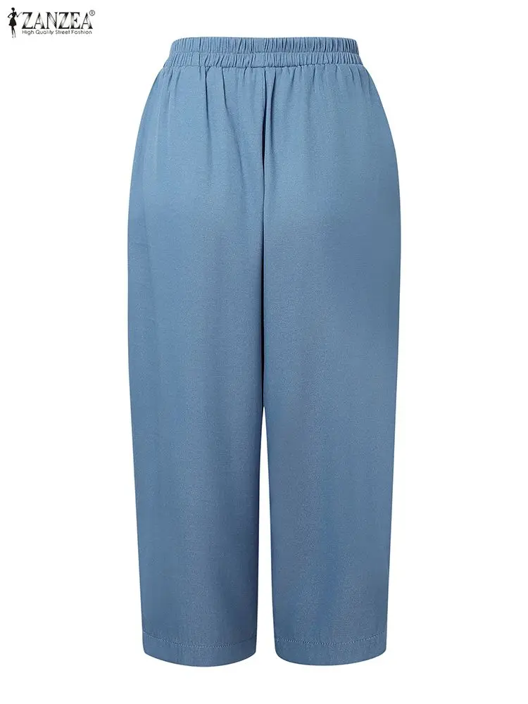 ZANZEA سراويل صيفية للسيدات بطول العجل موضة 2025 بخصر عالٍ وجيوب متينة غير رسمية سراويل فضفاضة عتيقة بخصر مطاطي #5