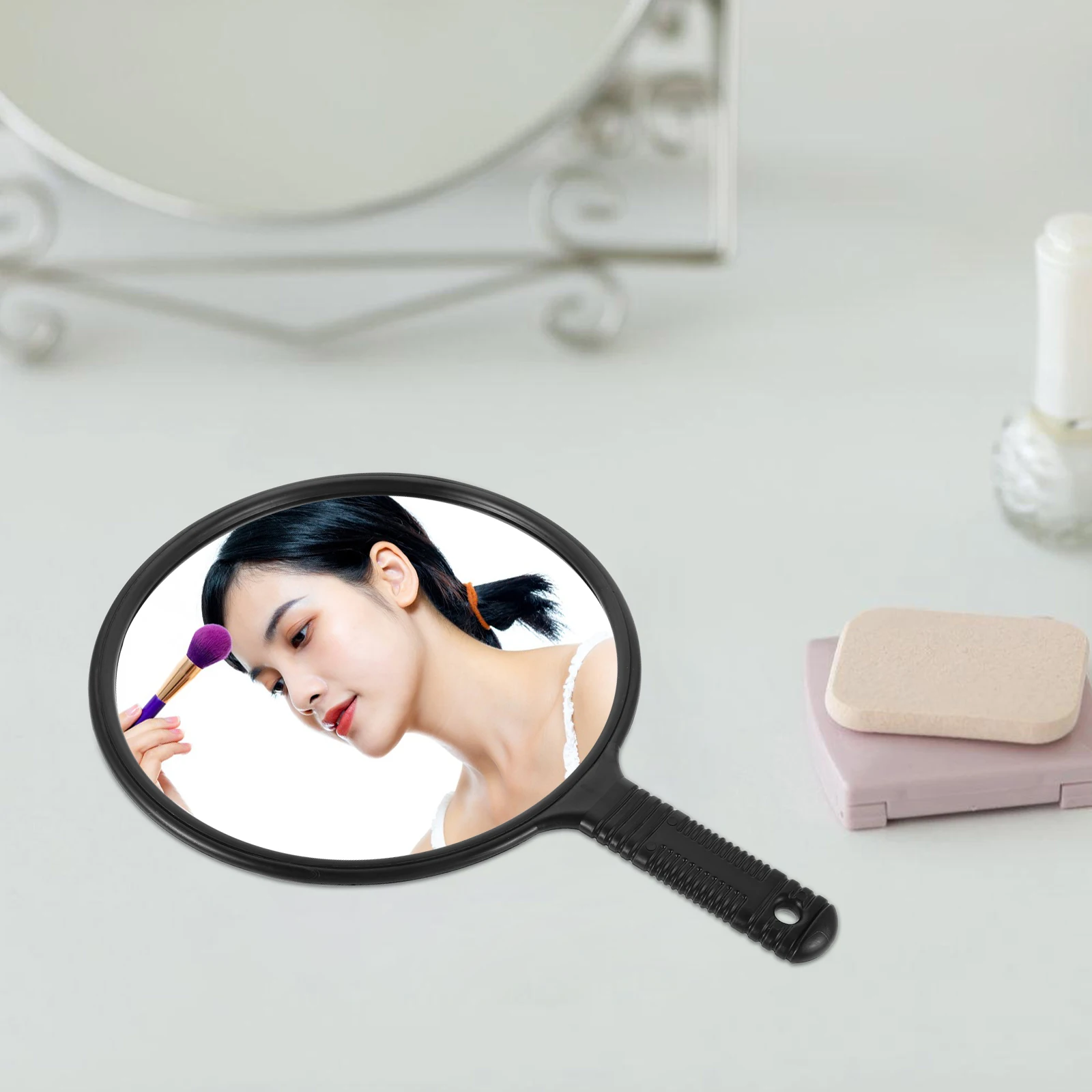 مرآة كبيرة مستديرة لتصفيف الشعر، مرآة محمولة بمقبض أسود، مرآة تصفيف مكياج الحلاق، مرايا محمولة باليد بمقبض