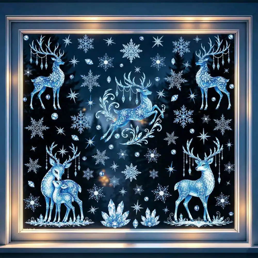 Christmas Ice & Snow Reindeer Window Stickers Removable Glass Decorations Art New Year Decals for Living Room Home