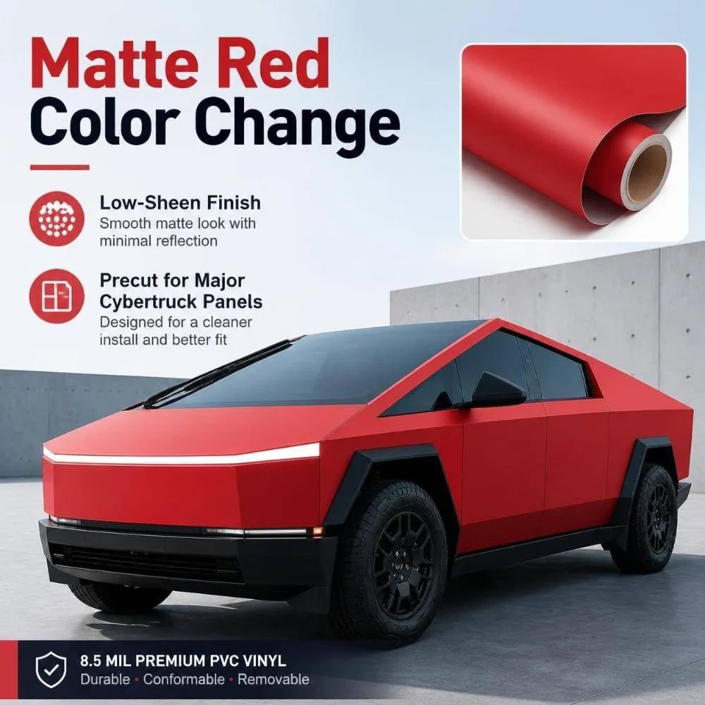 Trimova Vinyl Wrap Kit for Tesla Cybertruck 2024 2026 8.5mil Precut PVC Wrap DIY Wet Install Exterior Restyle Matte Red