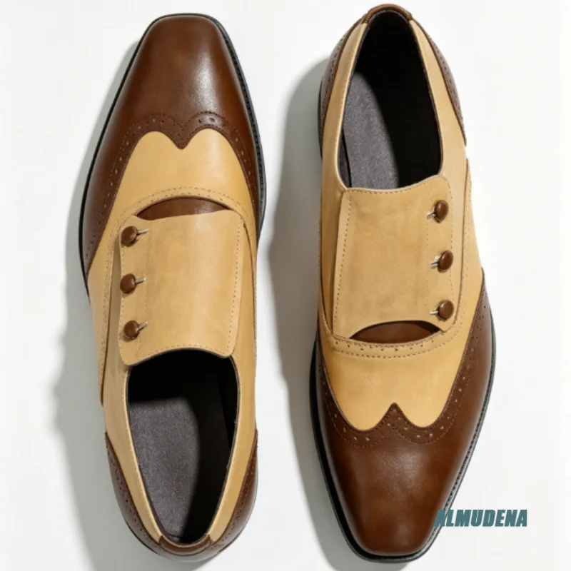 Khaki Brown Two Tone Button Slip On Brogue Shoes Men Faux Leather Outdoor Spring Autumn Trendy Office Party Walking Dress Shoes
