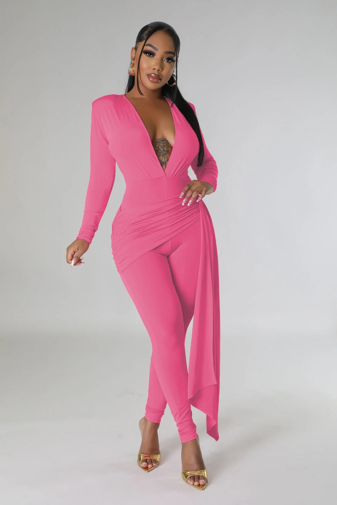 M3060 European and American Cross-Border New Women's Clothing Pure Color Sexy Deep V Neck Jumpsuit Tight Long-Sleeved Jumpsuit for Women