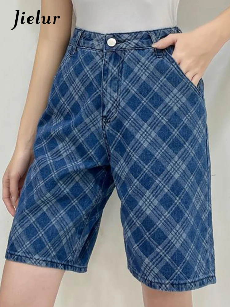 Jielur blu Plaid lunghezza al ginocchio pantaloni da donna Slim estate vita alta dritto sciolto Denim pantaloni gamba larga moda Casual Streetwear