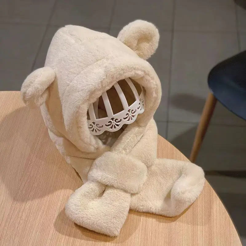 Wintermütze und Schal-Set für Damen und Herren, mit Fleece gefüttert und dick, Plüschmütze mit winddichtem Gehörschutz, süßes Design