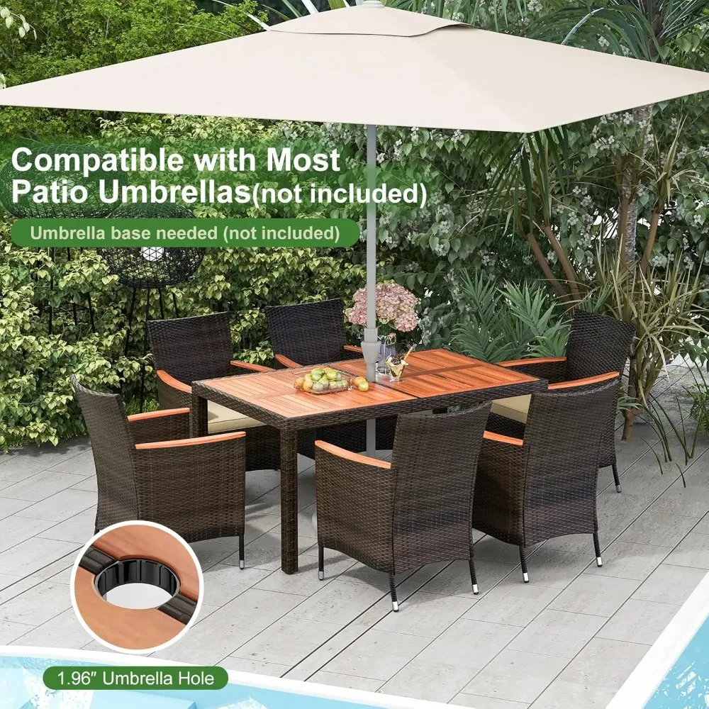 

Обеденный набор для патио из 7 предметов, набор для бесед из полиэтилена из ротанга с 6 подушками, стульями и стол с отверстием для зонта