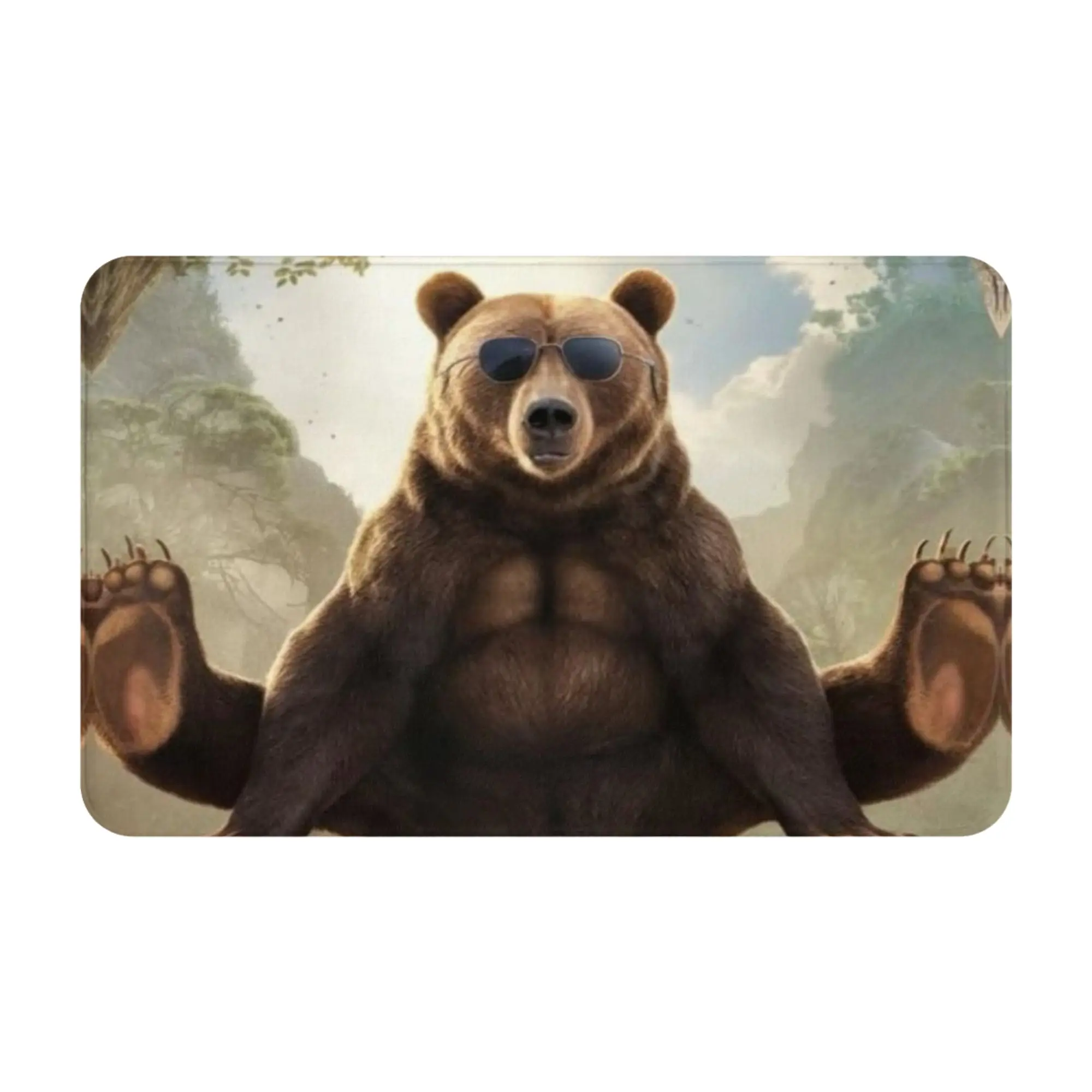 Muscular Bear Meditating On Tree Stump Non-slip Doormat Kitchen Mat  Indoor PatternHomeDecor